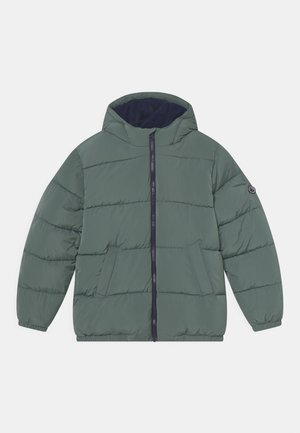Zelená zimní bunda s vycpávkou, kapucí, předním zipem, dvěma bočními kapsami a elastickými manžetami, zobrazena na jednoduchém světlejším pozadí.