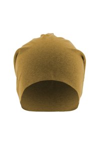 Beanie hat in mustard yellow, made of soft, stretchable fabric. Features a rounded top and an open base for a relaxed fit.