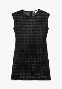 Musta hihaton mekko, jossa on valkoisia ja harmaita ruutukuviota, pyöreä kaula-aukko ja takana vetoketjukiinnitys. Sileä, teksturoitu kangas.