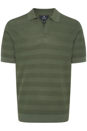 Polo a maniche corte con colletto verde oliva, caratterizzata da un design lavorato a maglia con strisce orizzontali. Orlo piatto e dettaglio a scollo a V.