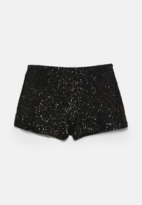 Crne šortsice prekrivene štrasom, s uskim dizajnom i elastičnim pojasom. Glatka tekstura s blistavim reflektirajućim akcentima.