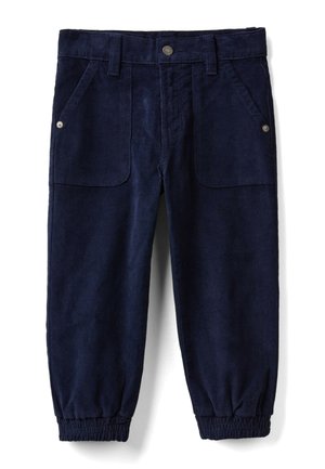 Marineblauwe corduroy broek met een relaxte pasvorm, voorzien van elastische boorden, twee voorkruiszakken en een knoopsluiting in de taille.