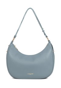 Borsa a tracolla in pelle azzurro chiaro con texture liscia, forma curva e tracolla regolabile, caratterizzata da una zip in tono oro e un dettaglio con logo.