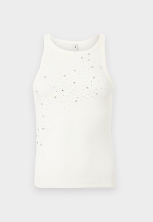 Λευκή μαν sleeveless ριγωτή μπλούζα με στρογγυλή λαιμόκοψη, διακοσμημένη με μικρές ασημένιες τρουκς διασκορπισμένες στο μπροστινό αριστερό πάνω μέρος.