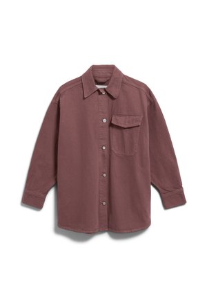 Long-sleeve dusty rose button-up shirt with collar and a single flap pocket on the left chest.