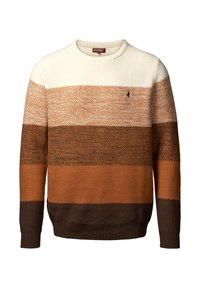 Pull en maille à col rond avec des rayures horizontales en crème, beige, marron, orange et brun foncé sur un fond blanc.