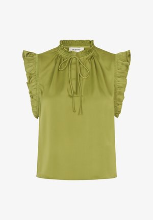 Īsām piedurknēm, olīvu zaļas krāsas blūze ar volānu apdari, savākto kakla daļu un lentes detaļu priekšpusē. Gluda satīna tekstūra.
