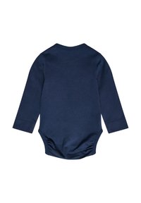 Marinblå långärmad bodysuit med rund halsringning och plisserade tryckknappar i botten. Slät tygtextur, inga mönster eller ytterligare detaljer.