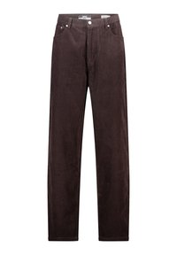 Braune Cordhosen mit geradem Bein, ausgestattet mit Fronttaschen, einem Knopfverschluss und einer strukturierten, gerippten Oberfläche.