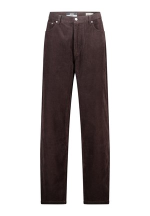 Bruine corduroy broek met een rechte pijpdesign, voorzien van frontzakken, een knoopsluiting en een gestructureerd ribbeloppervlak.