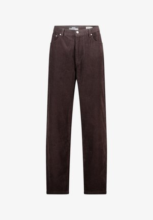 Brown corduroy pants with a straight leg design, featuring front pockets, a button fly, and a textured ribbed surface.