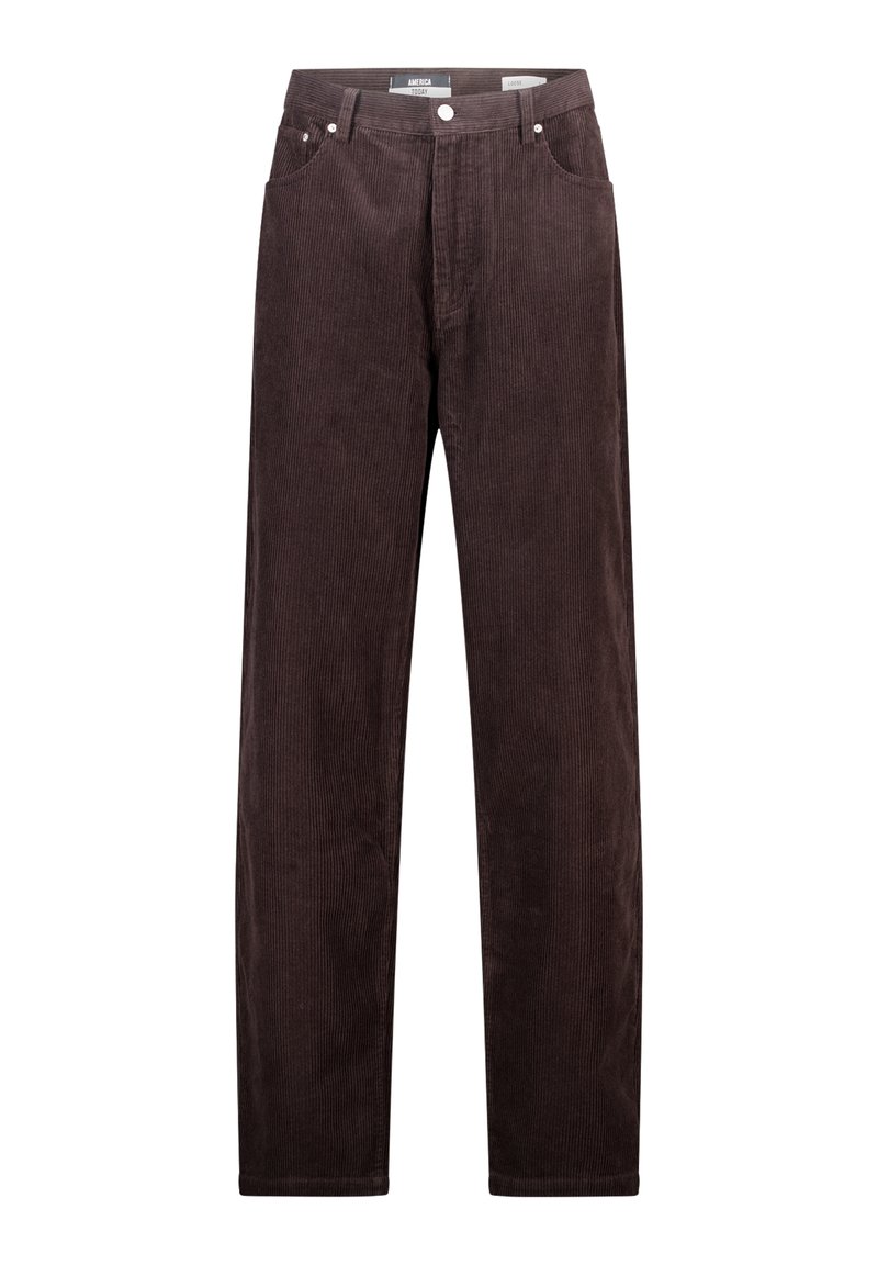Braune Cordhosen mit geradem Bein, ausgestattet mit Fronttaschen, einem Knopfverschluss und einer strukturierten, gerippten Oberfläche.