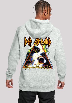 Gray hoodie featuring a large, colorful graphic on the back with a triangular design, bold text, and a face, with a mix of bright colors and patterns.