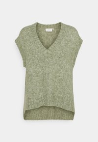 Gilet senza maniche di maglia verde chiaro con scollo a V e orlo a costine, esposto su sfondo bianco.