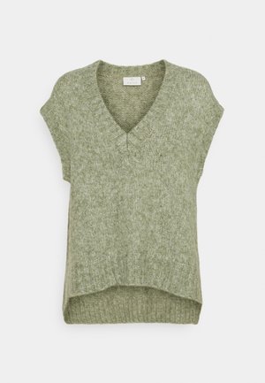 Vihreä neuleilma sleeveless villapaita V-kaula-aukolla ja ribatulla helmalla, esillä valkoista taustaa vasten.