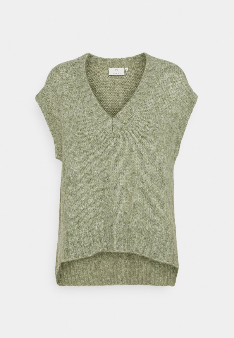 Gilet senza maniche di maglia verde chiaro con scollo a V e orlo a costine, esposto su sfondo bianco.