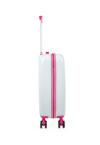 Maleta rígida de color blanco brillante con cremallera y detalles en rosa, asa retráctil, cuatro ruedas negras para mayor movilidad.