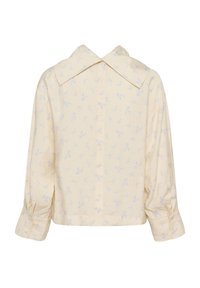 Rumena bluza z modrim cvetličnim vzorcem, velikim ovratnikom in dolgimi, mehko nabranimi rokavi. Zapiranje na gumbe in skrajšan kroj. Lahka tkanina.