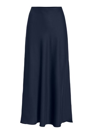 Navy blue satin maxi skirt with a smooth texture, high waist, and flowing silhouette. Ends with a slight curve at the hem.
