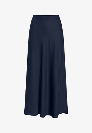 Navy blue satin maxi skirt with a smooth texture, high waist, and flowing silhouette. Ends with a slight curve at the hem.