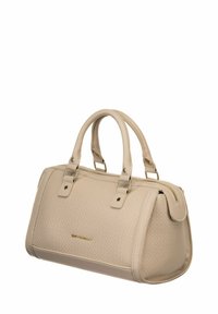 Sac à main beige texturé avec deux poignées arrondies, fermeture éclair et accessoires en métal doré. Présente une surface à motif et un détail latéral.