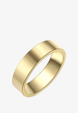 Guldfarvet metalring med en glat, poleret overflade og en flad, rundet bånd. Minimalistisk design uden udsmykninger eller mønstre.