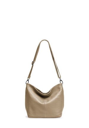 Beige Leder Schultertasche mit einem weichen, lässigen Design, einem einzelnen verstellbaren Riemen und dezenten Nähten an der Vorderseite.