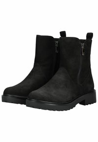 Botas de tobillo de ante negro con una textura suave, punta redondeada, cremalleras laterales y suelas de goma resistentes. Presentan tiradores de algodón para un fácil uso.