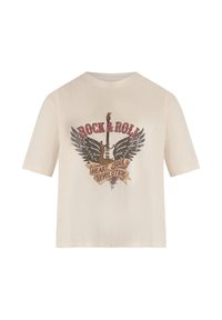 Maglietta color crema con maniche corte con design grafico di una chitarra elettrica, ali e testo: "ROCK & ROLL CUORE, ANIMA, RIVOLUZIONE."