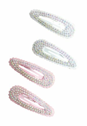 Four glittery hair clips in white and pink, each decorated with clear rhinestones in two rows along their edges.