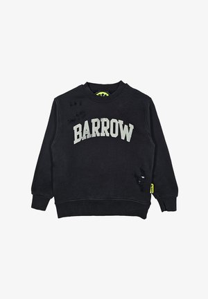 Felpa nera con la scritta “BARROW” stampata in bianco sulla parte anteriore. Presenta dettagli usurati e un'etichetta gialla sul lato.