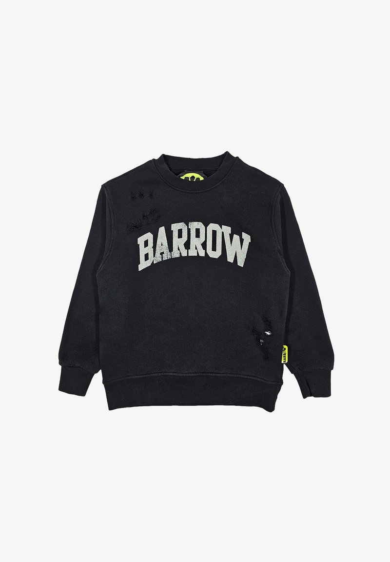 Felpa nera con la scritta “BARROW” stampata in bianco sulla parte anteriore. Presenta dettagli usurati e un'etichetta gialla sul lato.