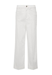 Pantalons en coton blancs à jambes larges avec fermeture à bouton, quatre poches et détails de couture subtils. Texture lisse et coupe droite.