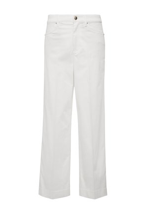 Pantalons en coton blancs à jambes larges avec fermeture à bouton, quatre poches et détails de couture subtils. Texture lisse et coupe droite.