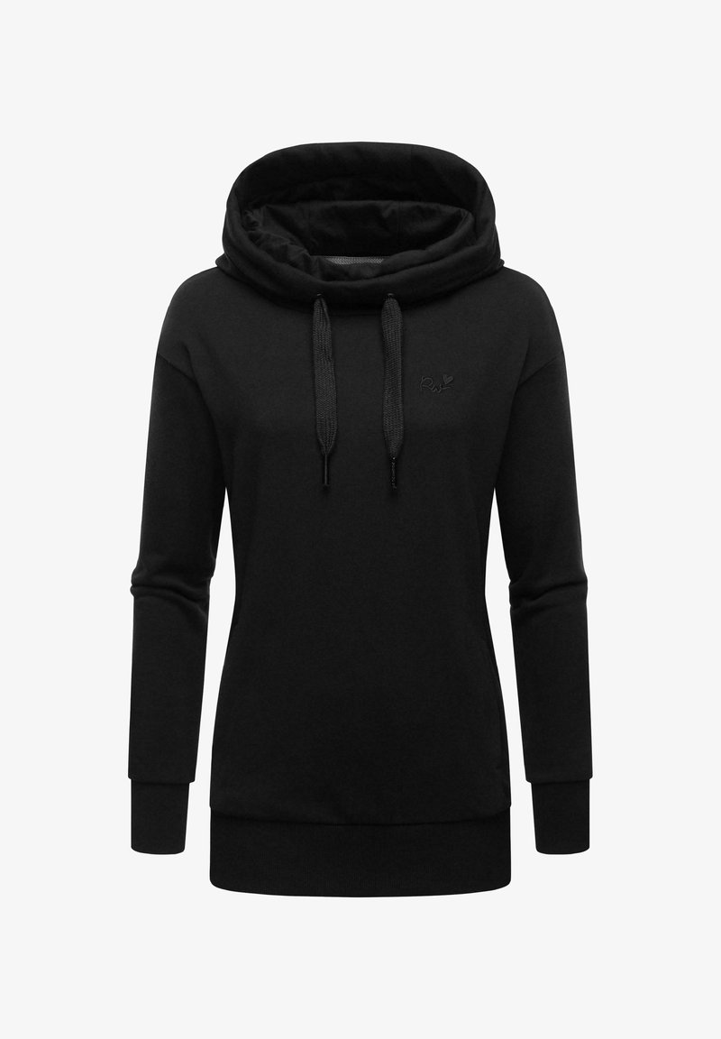 Felpa nera con cappuccio e collo a scialle, maniche lunghe e tasca frontale. Realizzata in tessuto morbido con lacci e un discreto dettaglio del logo.