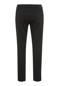 Pantaloni neri con un design slim fit, caratterizzati da una texture liscia, due tasche posteriori e un'etichetta in vita. Progettati per un aspetto elegante.