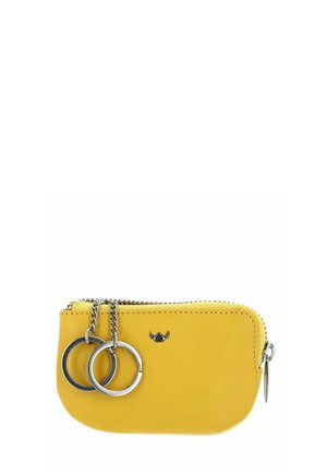 Yellow leather zipper pouch with two attached silver key rings on short chains and a small black logo on front.