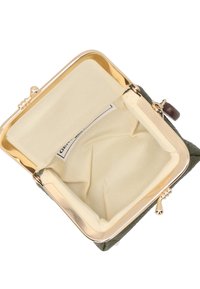 Green faux leather clutch with a gold clasp and cream fabric lining. Features a structured shape and two metal accents inside.