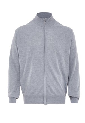 Grå lynlås-sweater med ståkrave, ribbede manchetter og ribkant. Fremstillet af blødt, struktureret stof. Uden mønstre eller yderligere detaljer.
