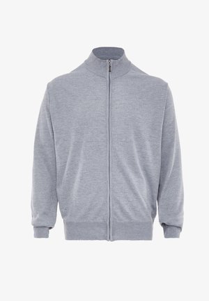 Szürke zipzáros pulóver álló gallérral, bordás mandzsettákkal és szegéllyel. Puha, textúrált anyagból készült. Nincsenek minták vagy további díszítések.