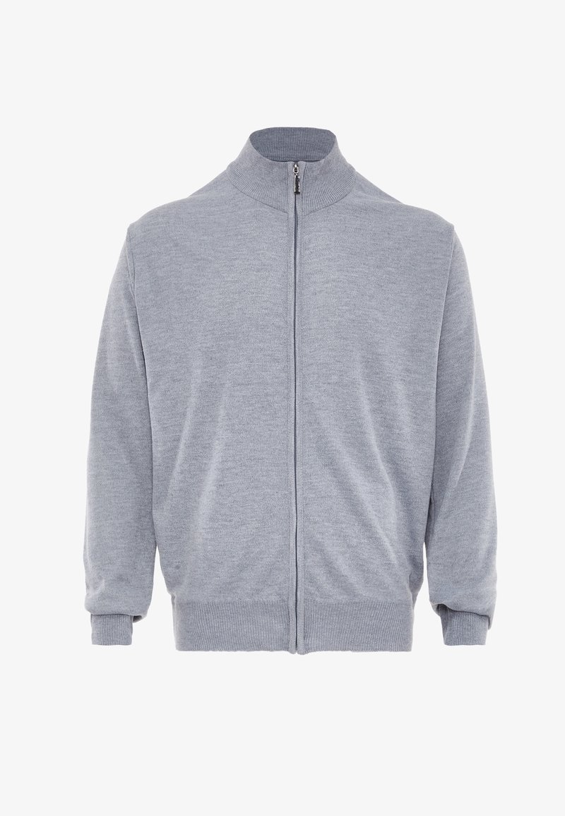 Szürke zipzáros pulóver álló gallérral, bordás mandzsettákkal és szegéllyel. Puha, textúrált anyagból készült. Nincsenek minták vagy további díszítések.