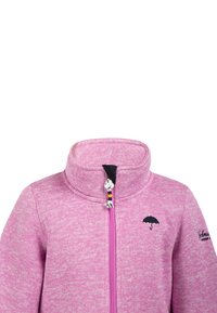 Fleece jakna v svetlo roza barvi z visokim ovratnikom, z zadrgo z motivom junaka in majhnim veznim dizajnom dežnika.