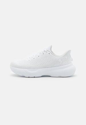 White athletic shoe with a textured upper mesh, rounded toe, and cushioning sole. Features tonal accents and lace closure.