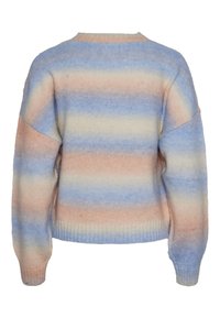 Pleteni pulover v pastelnem črtastem vzorcu modre, breskvene in smetane. Ima okroglo ovratnico in dolge rokave z rebrastimi manšeti. Trajnosten material.