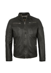 Schwarze Lederjacke mit Stehkragen, zwei Brustreißverschlüssen, gerippten Akzenten an den Ärmeln und tailliertem Schnitt.