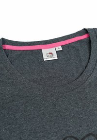 Gray T-shirt with a round neckline, featuring a pink accent on the collar. Includes a "Hello Kitty Club" label. Size: Large.