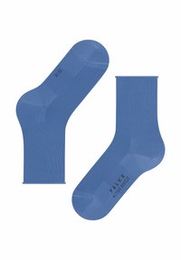 Blaue Crew-Socken aus einem glatten, dehnbaren Material. Mit geripptem Design, verstärkten Fersen und schwarzem Drucklogo.