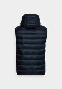 Mörkblå vadderad ärmlös väst med huva, visad från baksidan på en enkel ljusgrå bakgrund.