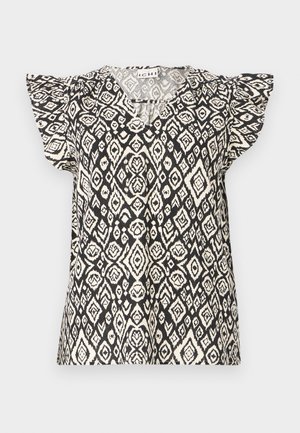 Črna in krema vzorčasta majica z v-izrezom, kratkimi naborjenimi rokavi in ohlapnim krojem, ki prikazuje geometrijski diamantni vzorec.