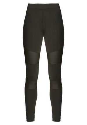 Melni sporta legingi ar pielāgotu dizainu, ar matētu tekstūru, sietiņa paneļiem gurnos un gludu jostu. Elastīgs materiāls nodrošina kustību brīvību.